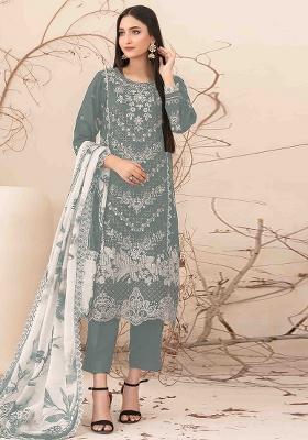Grey Embroidered Cotton Salwar Kameez With Dupatta