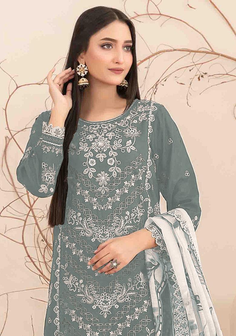 Grey Embroidered Cotton Salwar Kameez With Dupatta - Indya