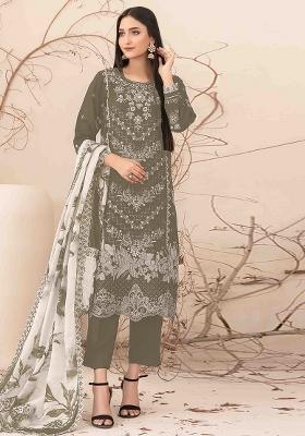 Olive Embroidered Cotton Salwar Kameez With Dupatta