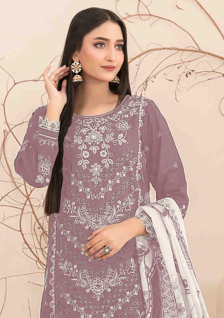 Pink Embroidered Cotton Salwar Kameez With Dupatta - Indya