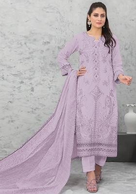 Light Lavender Embroidered Cotton Salwar Kameez With Dupatta