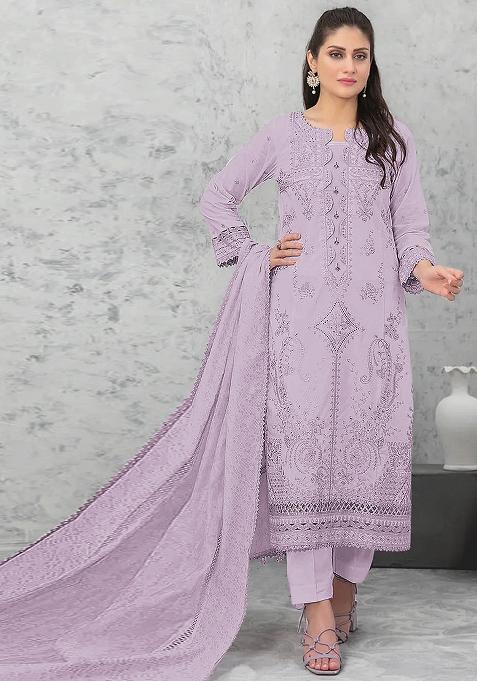 Lavender Chikankari Cotton Pakistani Suit Set