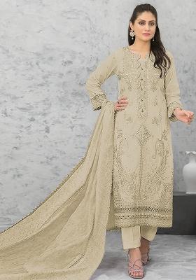 Beige Embroidered Cotton Salwar Kameez With Dupatta