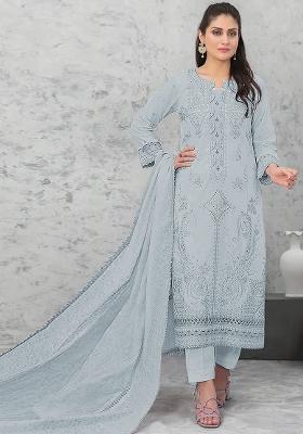 Light Aqua Blue Embroidered Cotton Salwar Kameez With Dupatta