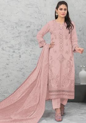 Light Pink Embroidered Cotton Salwar Kameez With Dupatta
