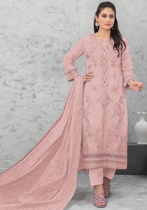 Light Pink Embroidered Cotton Salwar Kameez With Dupatta