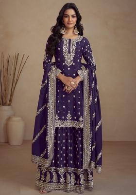 Royal Blue Embroidered Vichitra Salwar Kameez With Dupatta