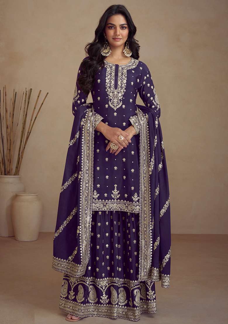 Royal Blue Embroidered Vichitra Sharara Set - Indya