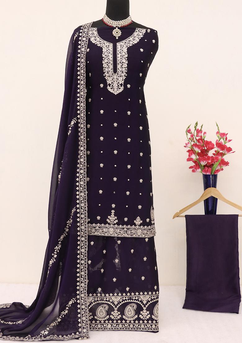 Royal Blue Embroidered Vichitra Salwar Kameez With Dupatta - Indya