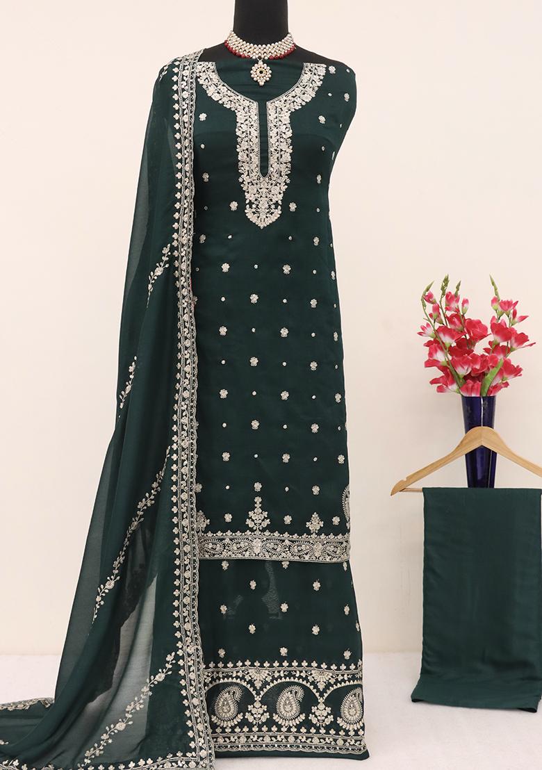 Green Embroidered Vichitra Salwar Kameez With Dupatta - Indya