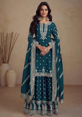 Teal Embroidered Vichitra Salwar Kameez With Dupatta