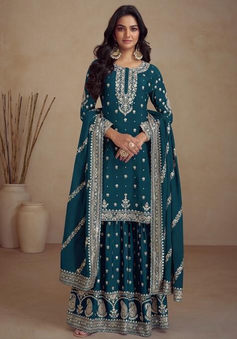 Teal Embroidered Vichitra Sharara Set