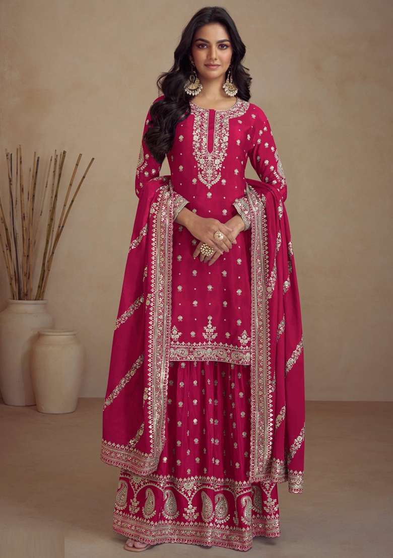 Pink Embroidered Vichitra Sharara Set - Indya