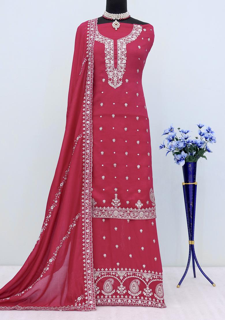 Pink Embroidered Vichitra Salwar Kameez With Dupatta - Indya