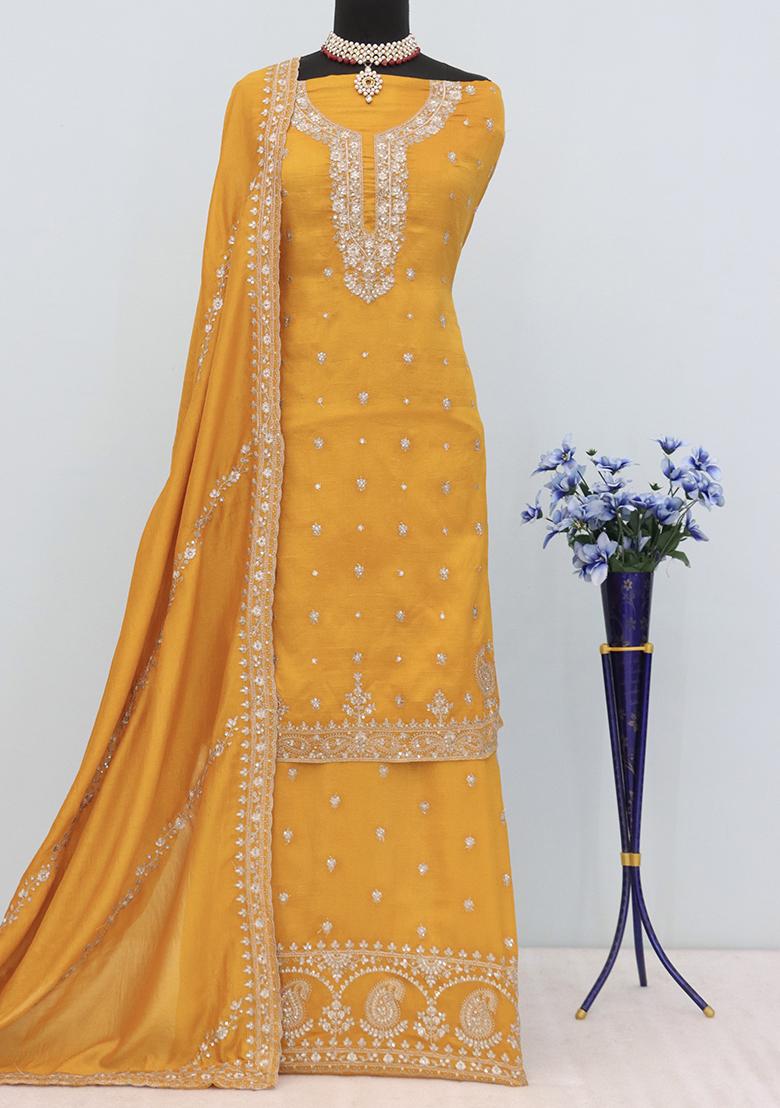 Yellow Embroidered Vichitra Salwar Kameez With Dupatta - Indya