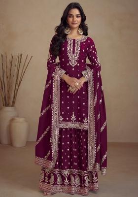 Wine Embroidered Vichitra Salwar Kameez With Dupatta