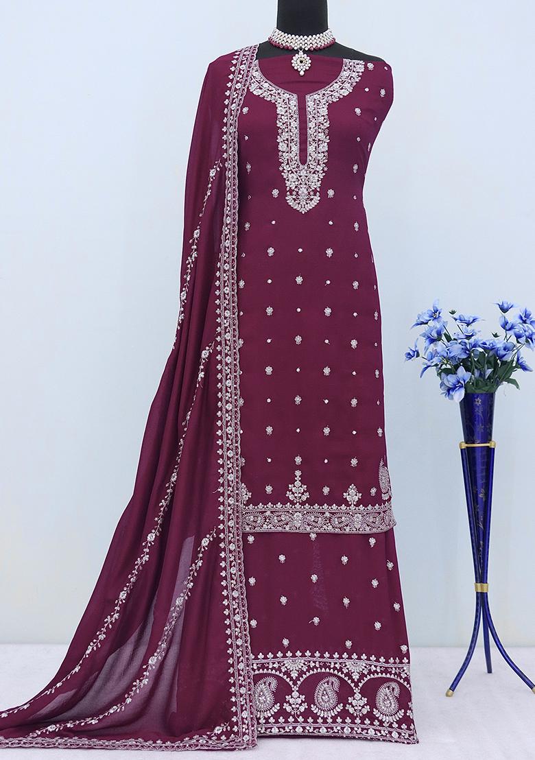 Wine Embroidered Vichitra Salwar Kameez With Dupatta - Indya