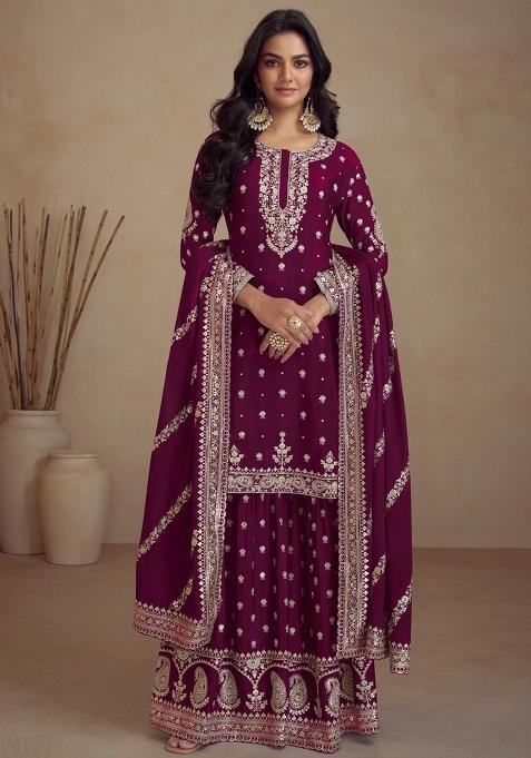 Wine Embroidered Vichitra Salwar Kameez With Dupatta