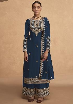 Blue Embroidered Silk Salwar Kameez With Dupatta