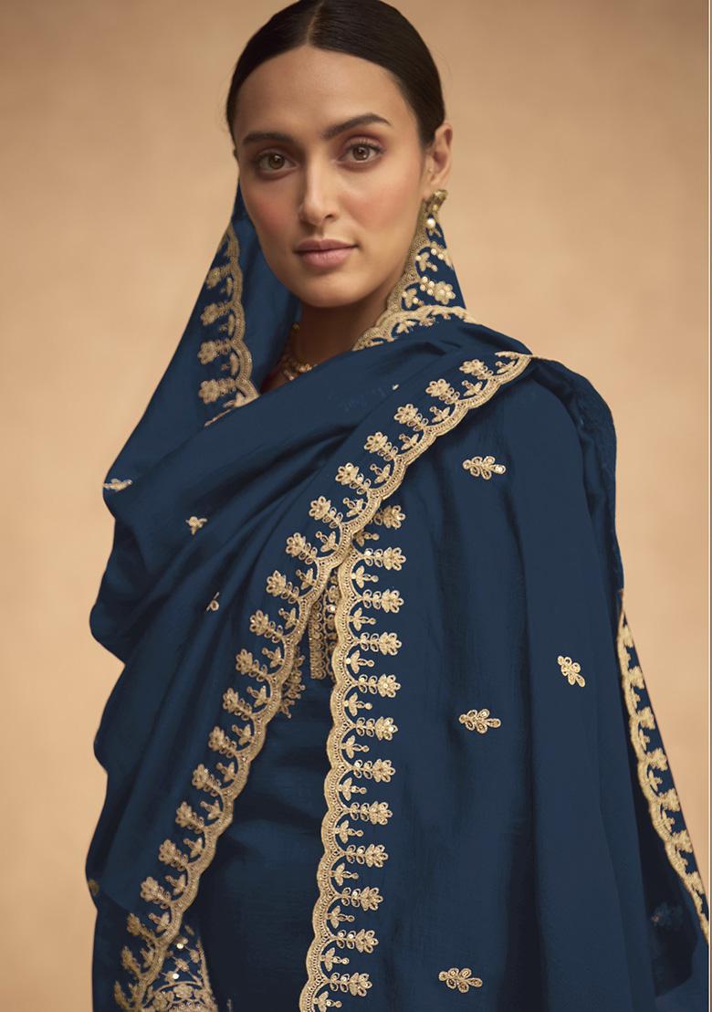 Blue Embroidered Silk Salwar Kameez With Dupatta - Indya