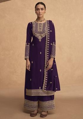 Purple Embroidered Silk Salwar Kameez With Dupatta