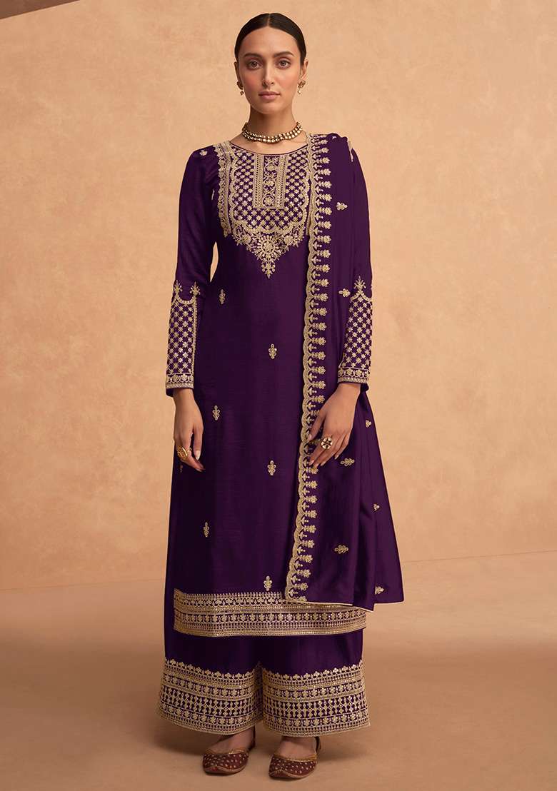 Purple Embroidered Silk Salwar Kameez With Dupatta - Indya