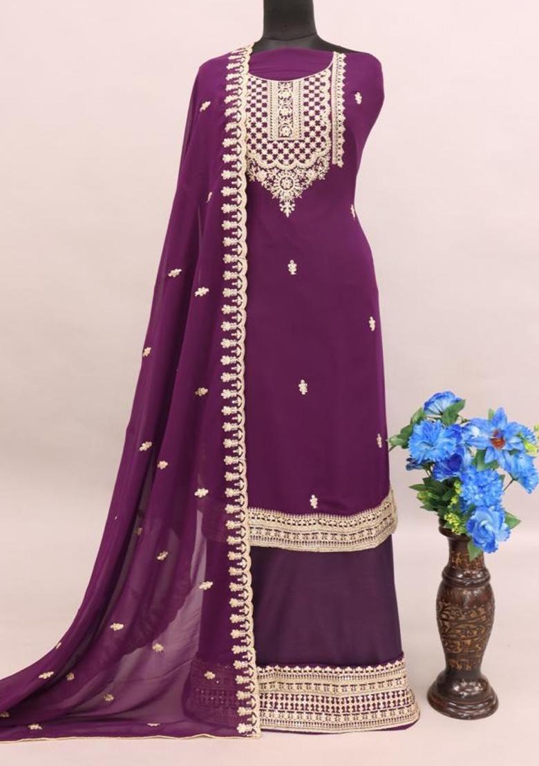 Purple Embroidered Silk Salwar Kameez With Dupatta - Indya
