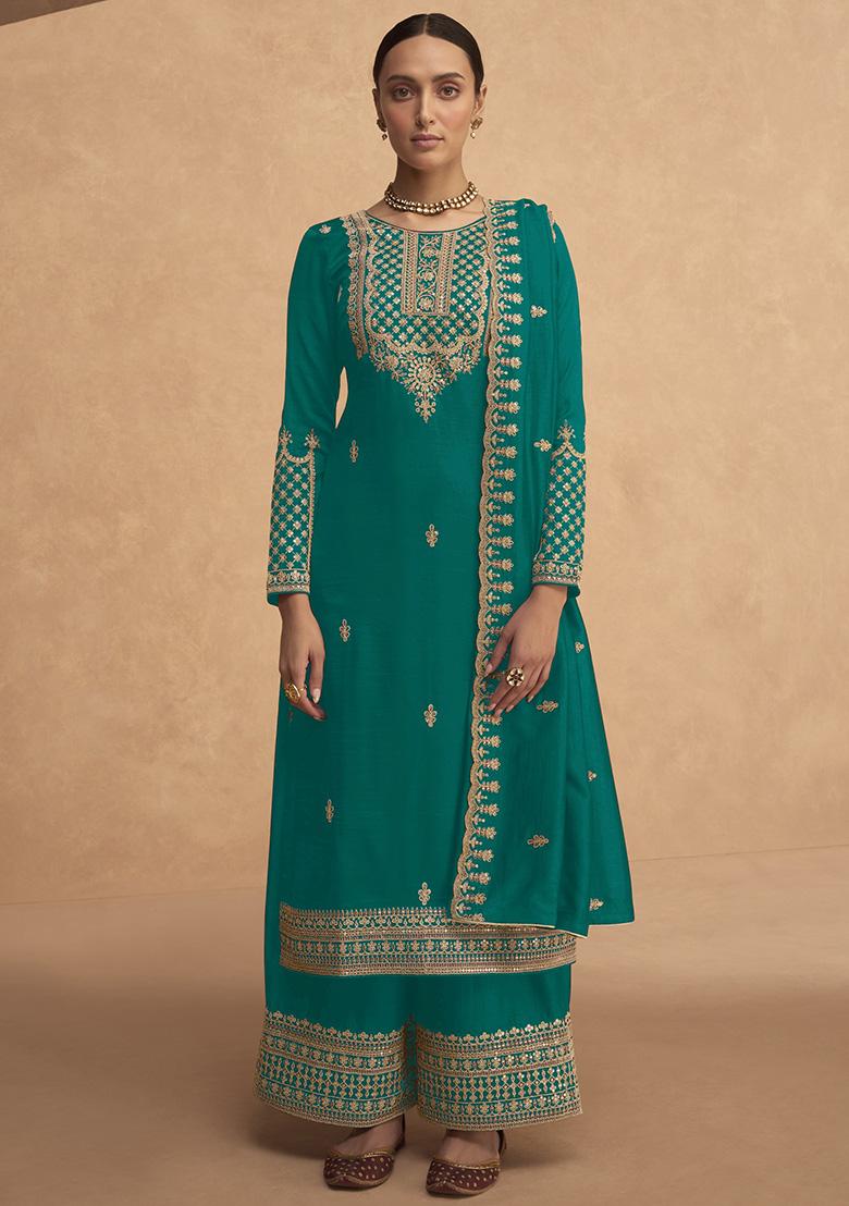 Mint Green Embroidered Silk Salwar Kameez With Dupatta