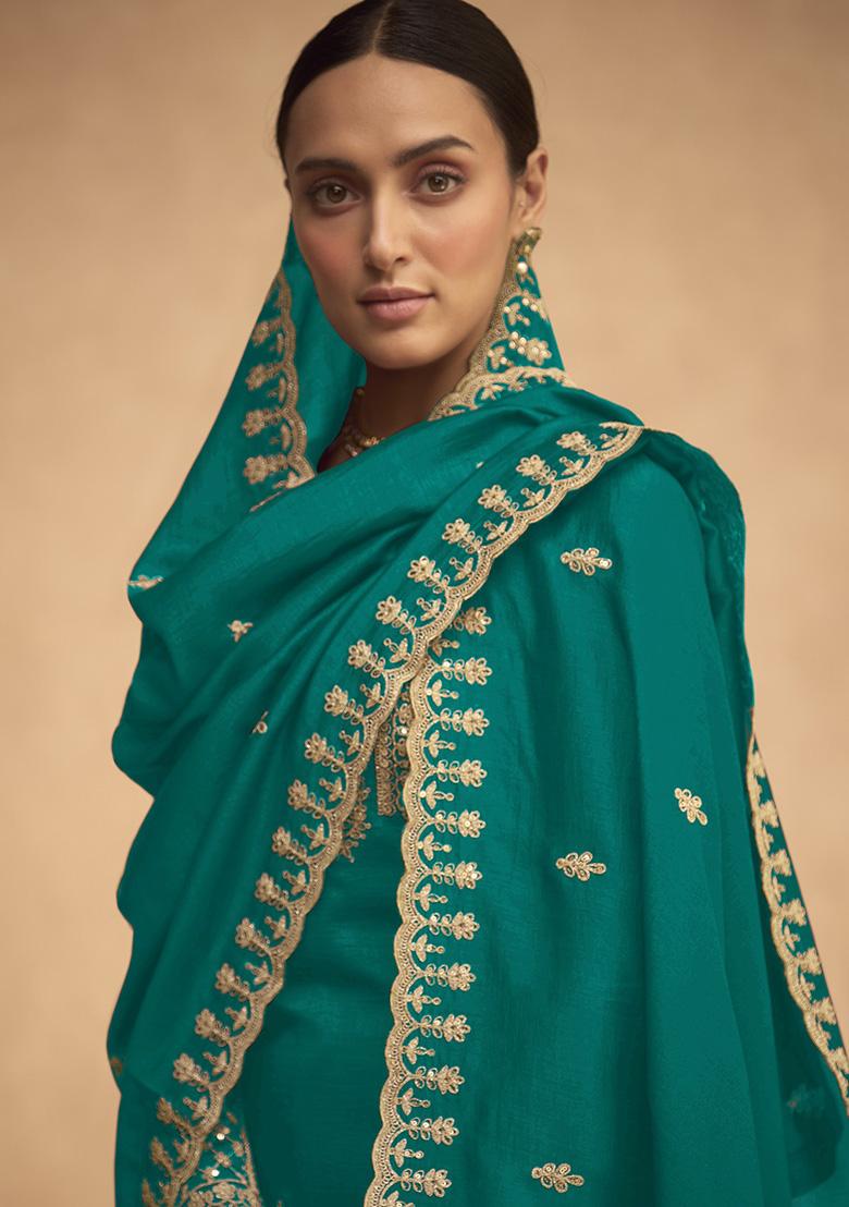 Mint Green Embroidered Silk Salwar Kameez With Dupatta
