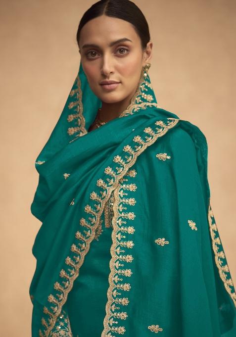 Mint Green Embroidered Silk Salwar Kameez With Dupatta