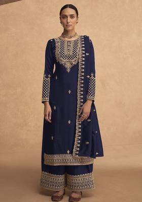Navy Blue Embroidered Silk Salwar Kameez With Dupatta