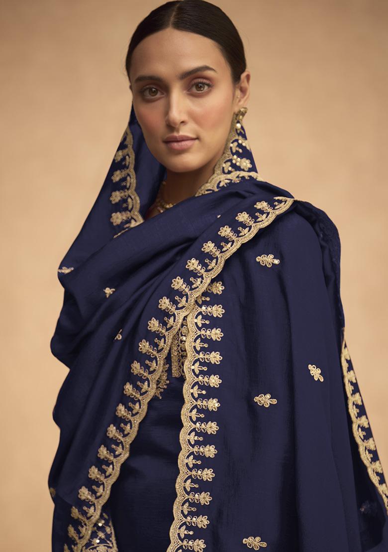 Navy Blue Embroidered Silk Salwar Kameez With Dupatta - Indya