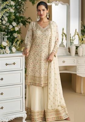 Off White Embroidered Faux Georgette Salwar Kameez With Dupatta