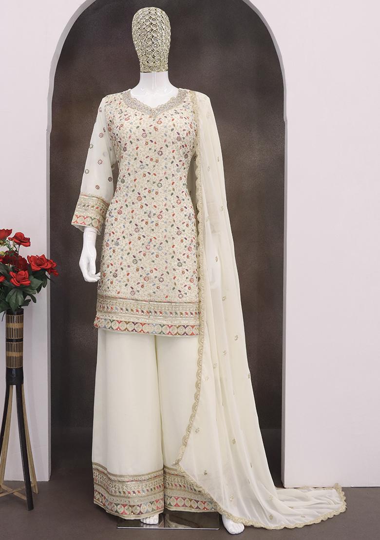 Off White Embroidered Faux Georgette Salwar Kameez With Dupatta - Indya