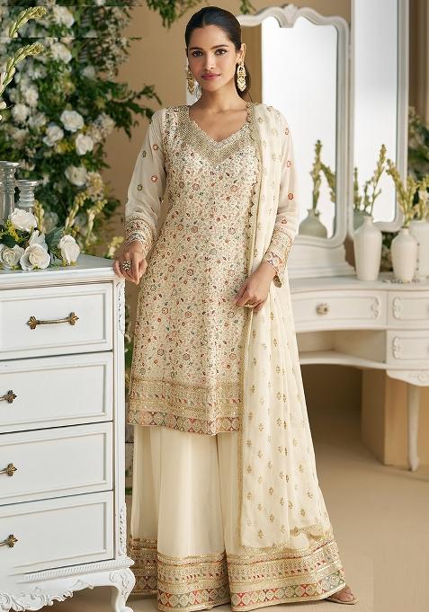 Off White Embroidered Faux Georgette Salwar Kameez With Dupatta