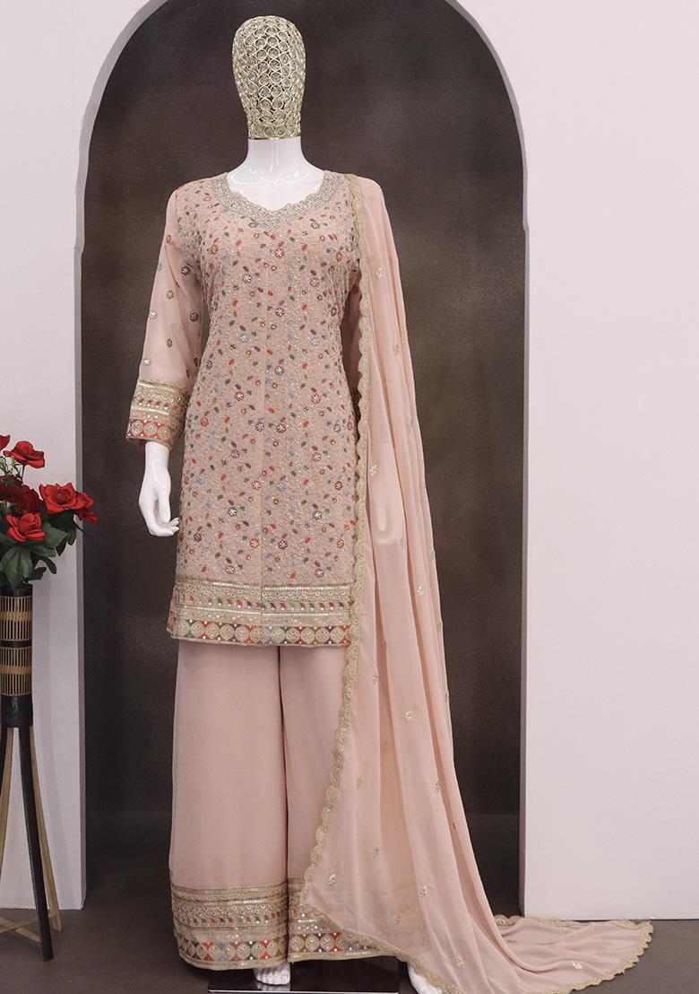 Peach Embroidered Faux Georgette Salwar Kameez With Dupatta - Indya