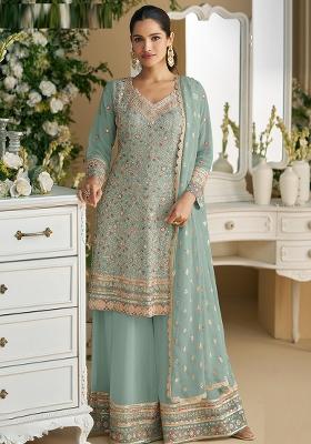 Sky Blue Embroidered Faux Georgette Salwar Kameez With Dupatta