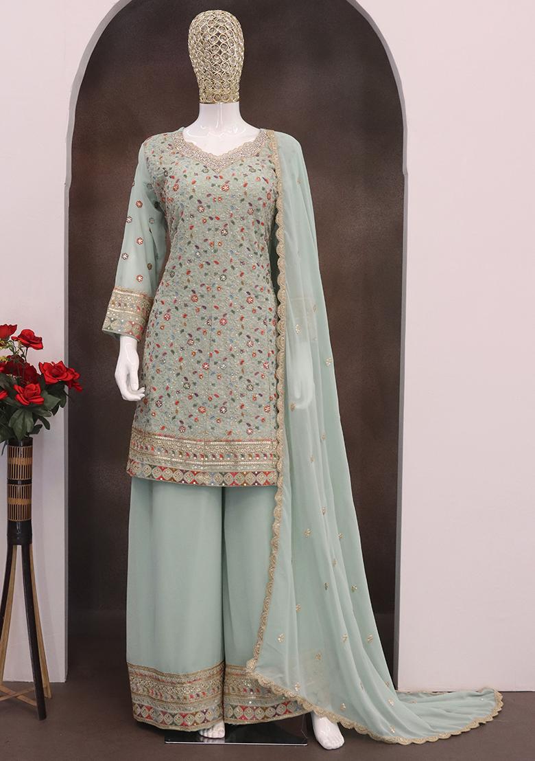 Sky Blue Embroidered Faux Georgette Salwar Kameez With Dupatta - Indya