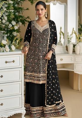 Black Embroidered Faux Georgette Salwar Kameez With Dupatta