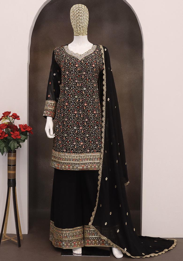 Black Embroidered Faux Georgette Salwar Kameez With Dupatta - Indya