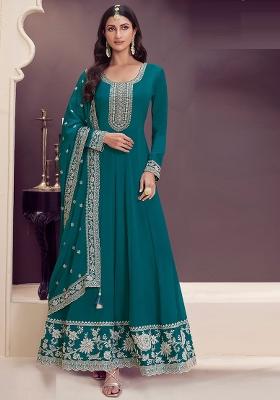 Dark Green Embroidered Silk Kurta With Dupatta