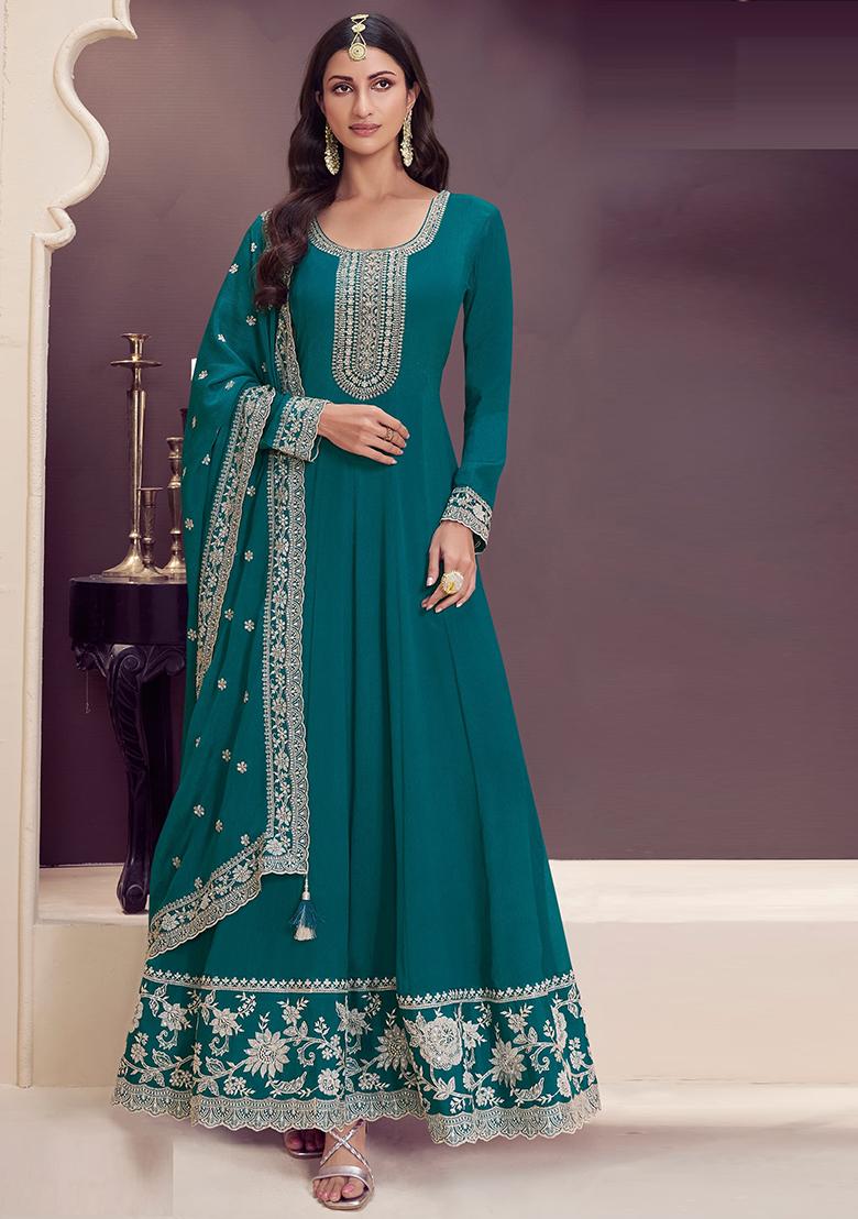 Dark Green Embroidered Silk Kurta With Dupatta