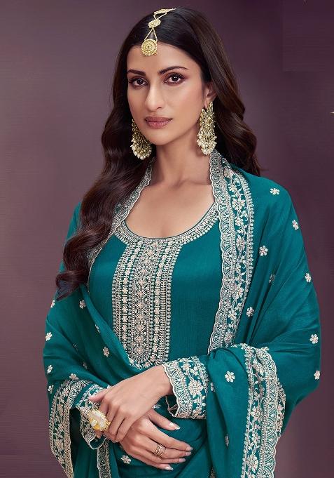 Dark Green Embroidered Silk Kurta With Dupatta