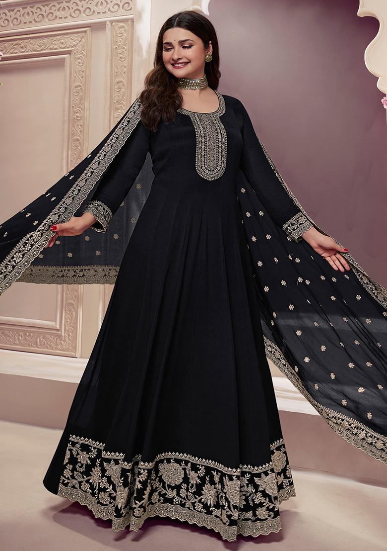 Black Embroidered Silk Kurta With Dupatta - Indya