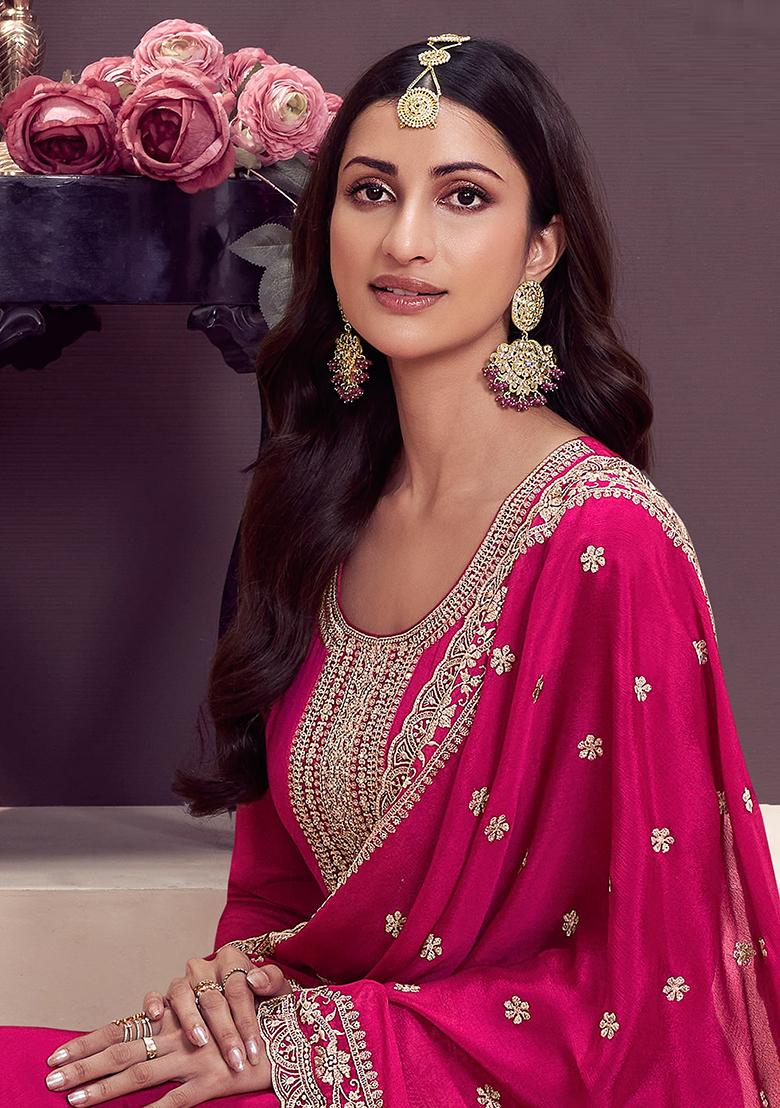 Dark Pink Embroidered Silk Kurta With Dupatta - Indya