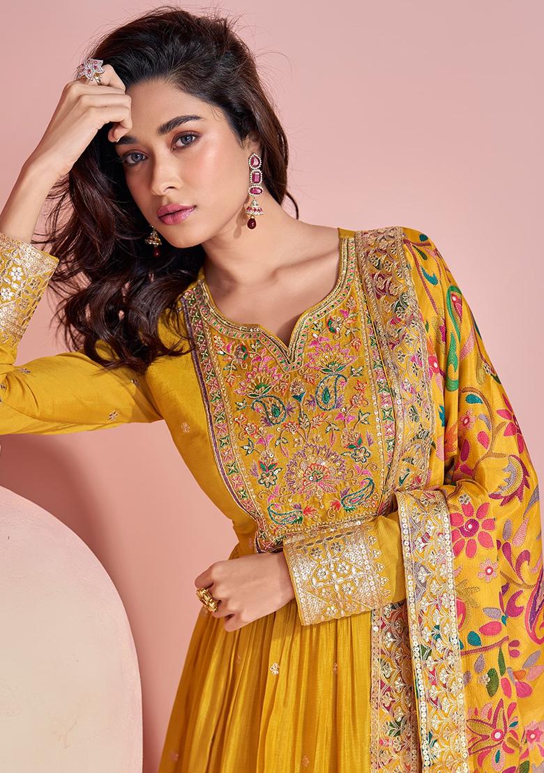 Yellow Embroidered Silk Kurta With Dupatta - Indya
