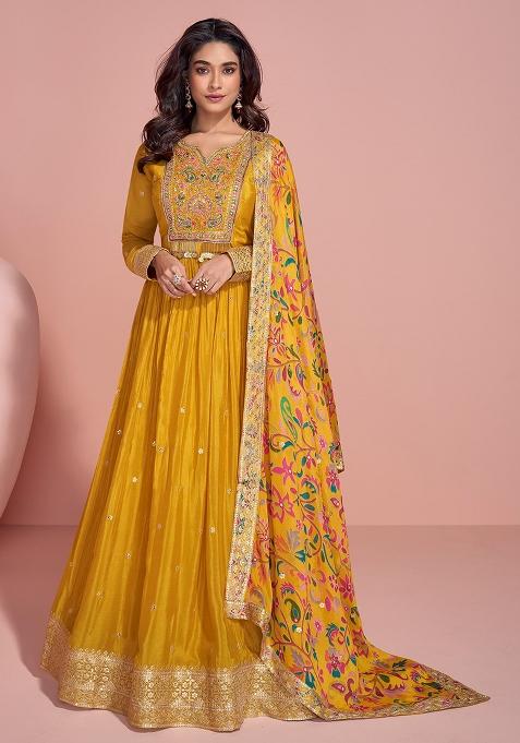 Yellow Embroidered Silk Kurta With Dupatta