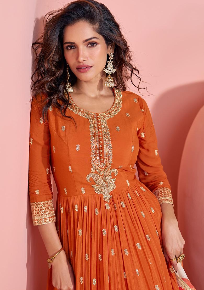 Orange Embroidered Silk Kurta With Dupatta - Indya