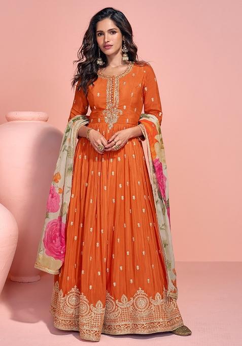 Orange Embroidered Silk Kurta With Dupatta
