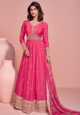 Pink Embroidered Silk Kurta With Dupatta